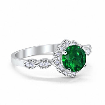 Floral Art Engagement Ring Simulated Green Emerald CZ 925 Sterling Silver
